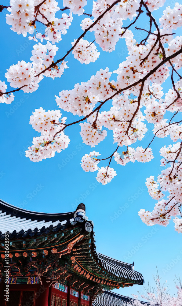 White cherry blossoms and the eaves of ancient temples White cherry blossoms and the eaves of ancient temples