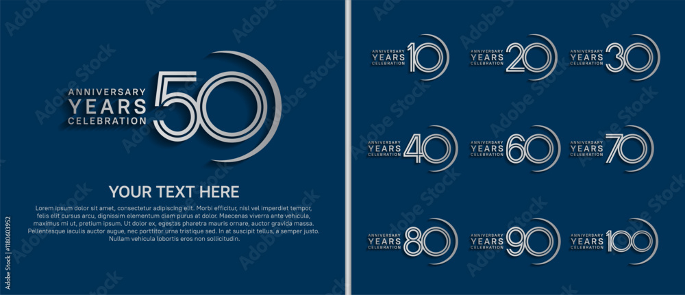 logo anniversary set. silver color with swoosh on blue background for special event logo anniversary set. silver color with swoosh on blue background for special event