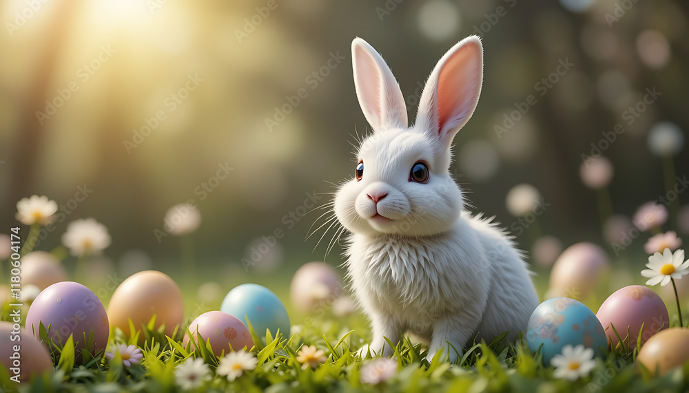 Fototapeta premium Happy Easter Bunny with many colorful easter eggs. Generative AI.