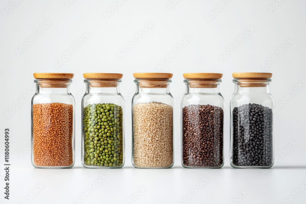 Glass jars with various grains and legumes arranged in row, showcasing vibrant colors and textures. Perfect for healthy cooking and storage solutions Glass jars with various grains and legumes arranged in row, showcasing vibrant colors and textures. Perfect for healthy cooking and storage solutions