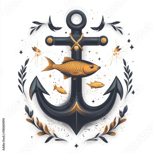 Nautical anchor with golden fish and leaves. photo