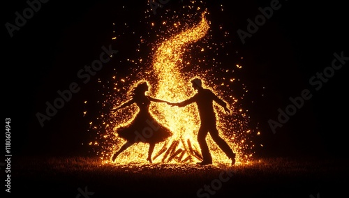 Fiery Dance: A Couple's Silhouette Illuminated by a Bonfire's Magical Embers