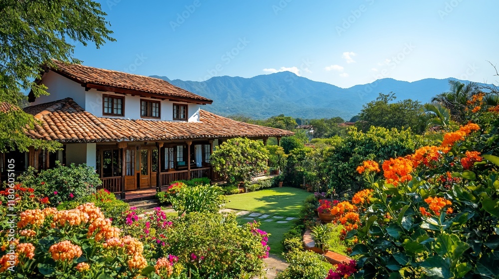 Colonial house in garden with mountains Colonial house in garden with mountains