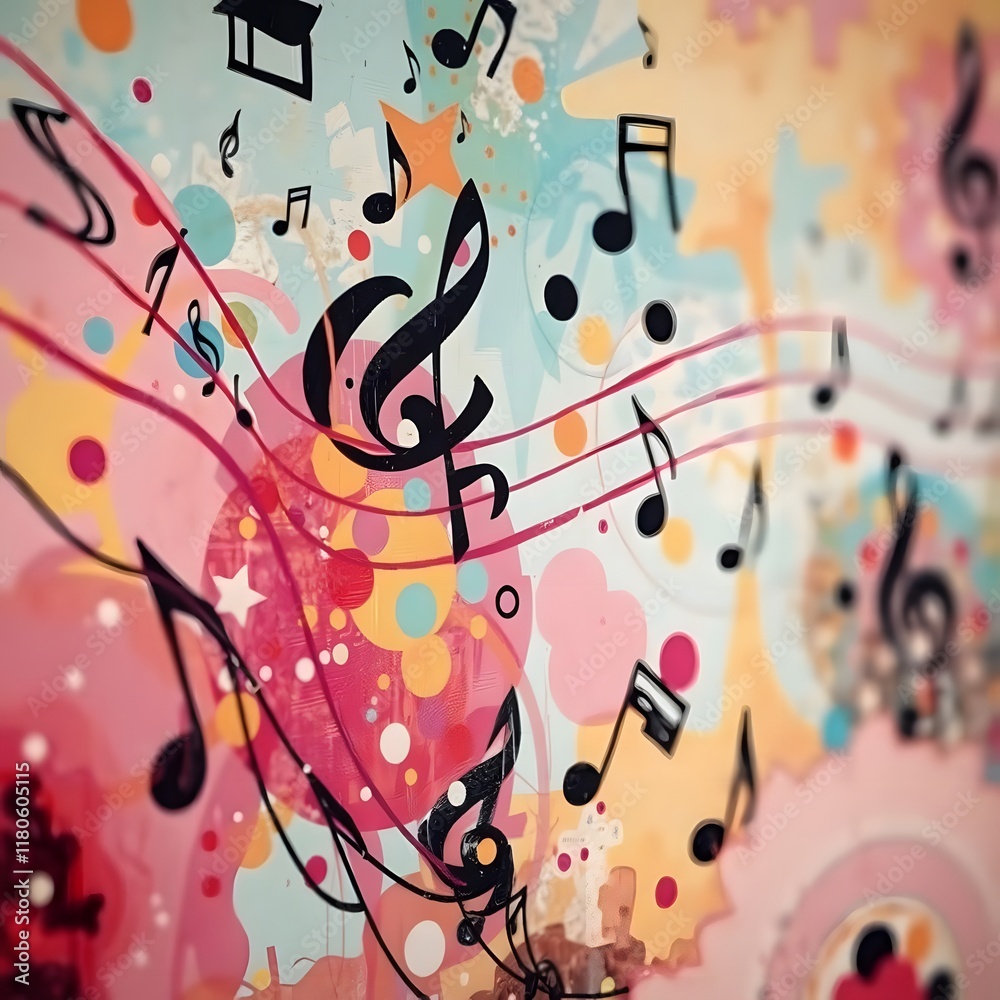 Fototapeta premium A vibrant abstract art image with musical notes, featuring a harmonious blend of pastel colors and a lively, energetic atmosphere.