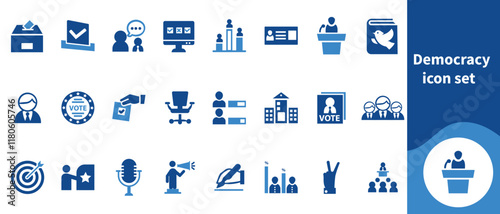 Democracy icon set, speech, democracy, people, set, election, hand, vector, government, outline, isolated, line, symbol, president and more.