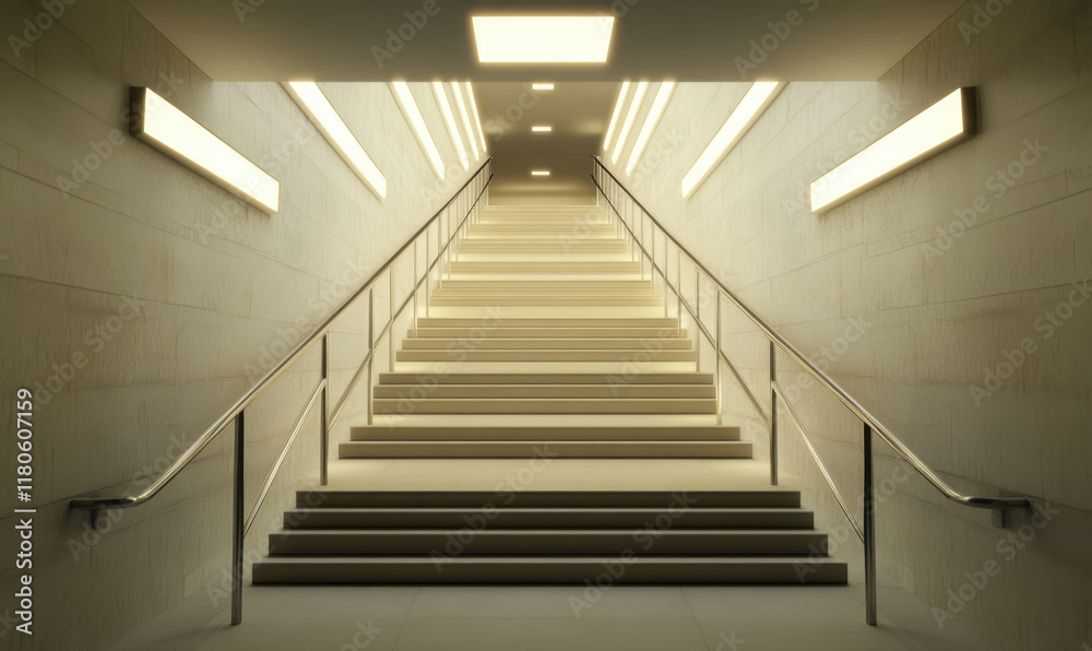 Obraz premium photorealistic image of simple straight staircase illuminated by soft lights, creating serene and inviting atmosphere. clean lines and modern design enhance overall aesthetic appeal