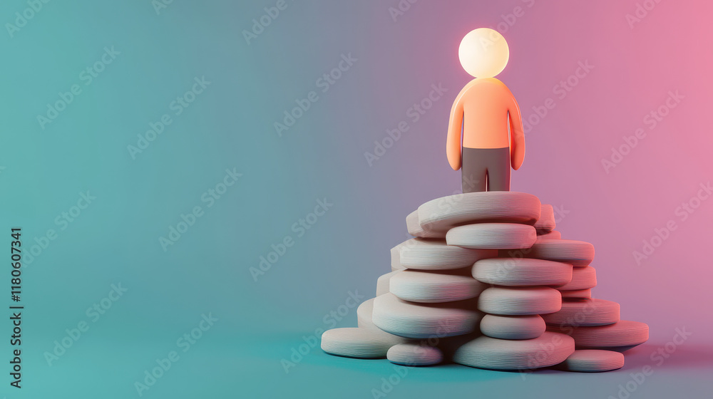glowing figure stands triumphantly on pile of stones, symbolizing success glowing figure stands triumphantly on pile of stones, symbolizing success