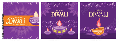 Festive Diwali celebration with burning oil lamps on a purple background.