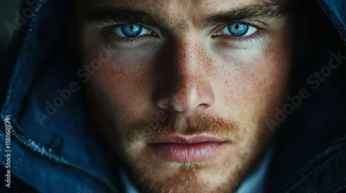 Close-up portrait, man, intense gaze, hooded jacket. Stock photo photo