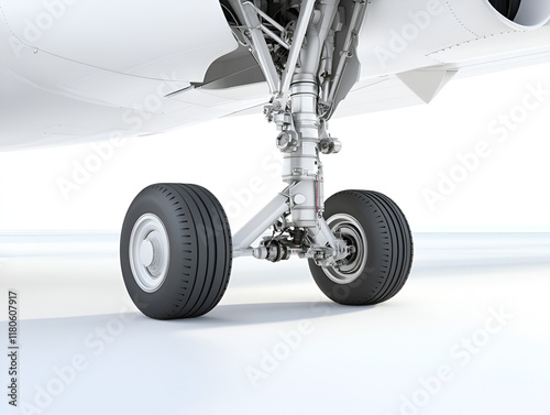 Airplane landing gear system, isolated, detailed view of retractable wheels. photo