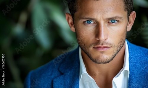 Close-up Man in Blue Jacket, Serious Gaze, Lush Background photo