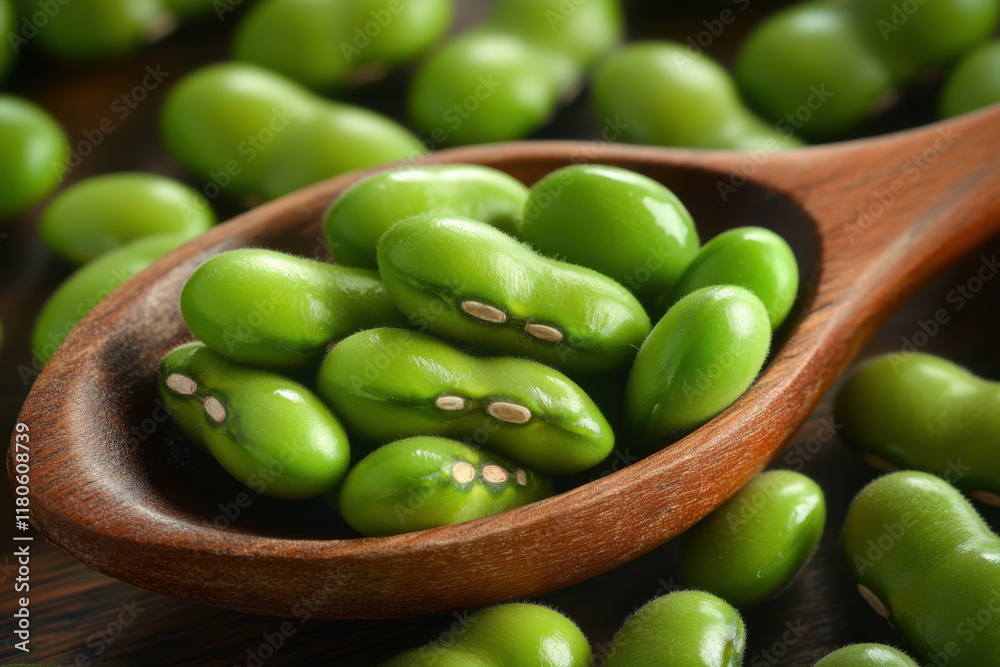 Fresh green soybeans in wooden spoon on rustic table, showcasing their vibrant color and texture. Perfect for healthy recipes and culinary inspiration Fresh green soybeans in wooden spoon on rustic table, showcasing their vibrant color and texture. Perfect for healthy recipes and culinary inspiration
