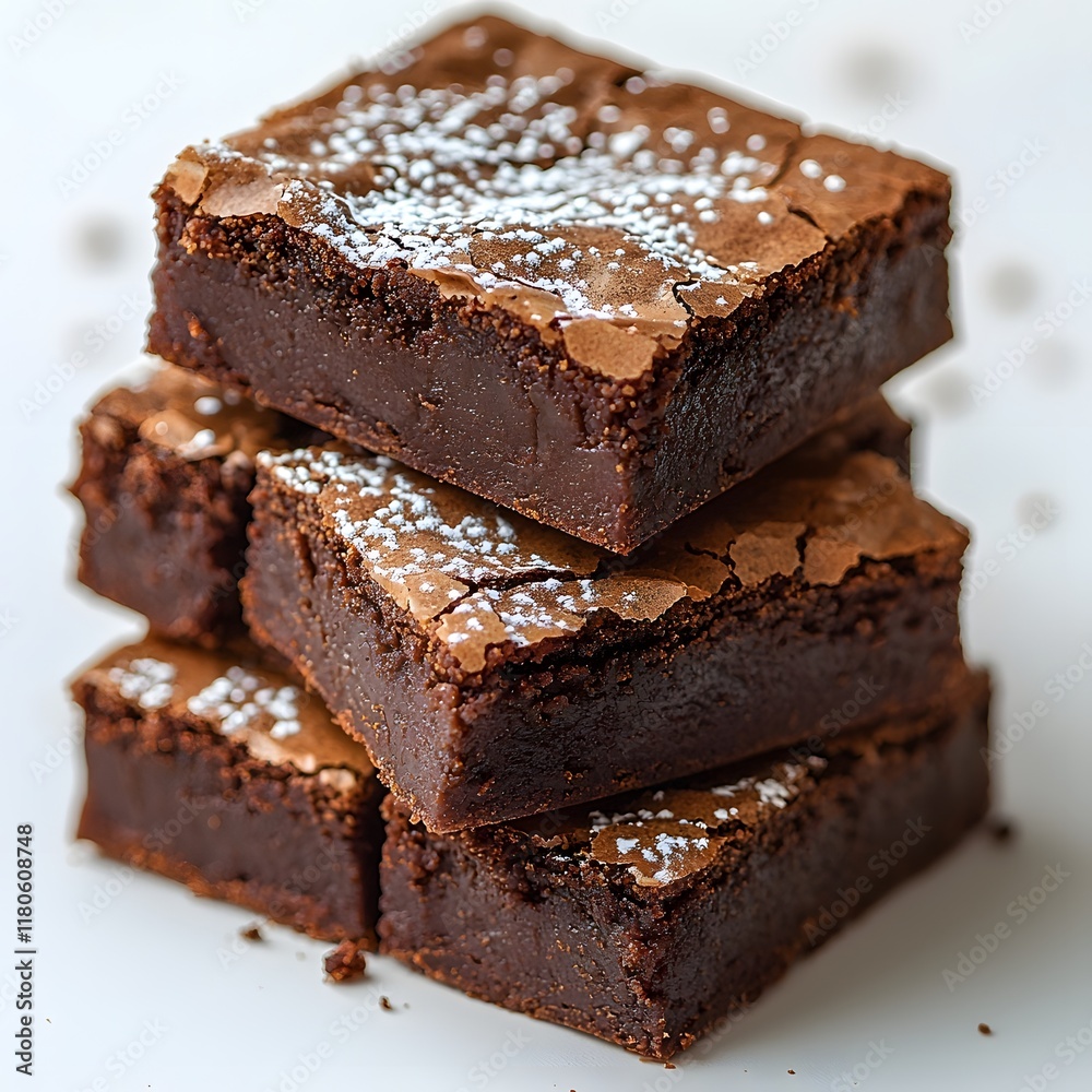 Neatly Stacked Gooey Brownie Squares with Powdered Sugar Topping on Minimal White Background Neatly Stacked Gooey Brownie Squares with Powdered Sugar Topping on Minimal White Background