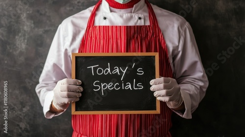 Chef holding today's specials menu at restaurant food photography indoor setting culinary focus