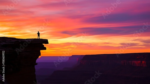 A person stands on a cliff overlooking a canyon at sunset