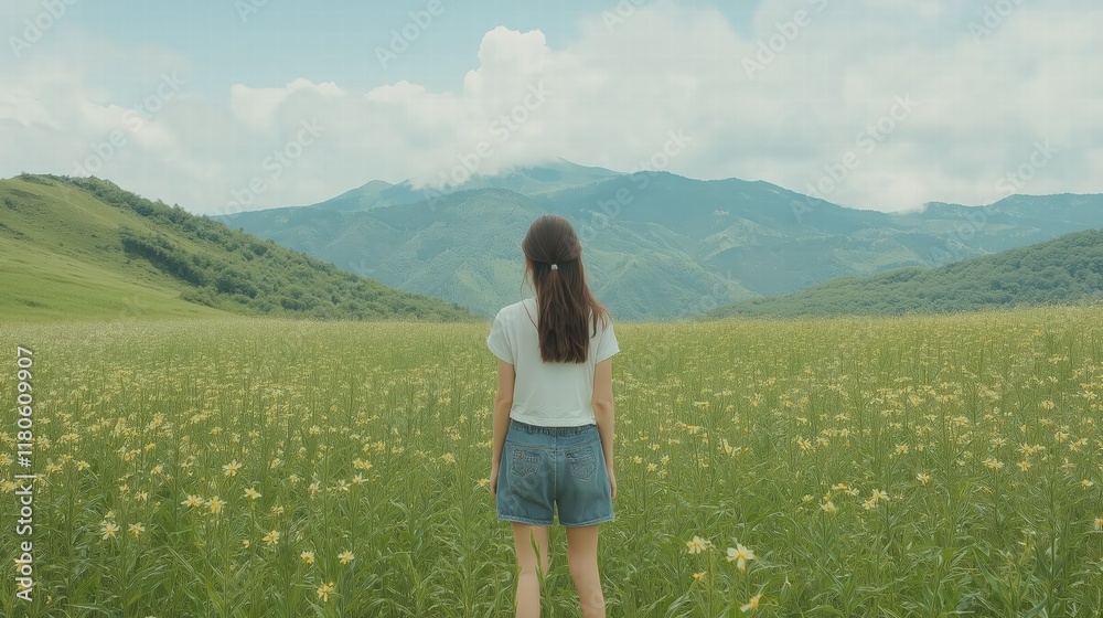 Young Woman in a Flower Field with Mountains Young Woman in a Flower Field with Mountains