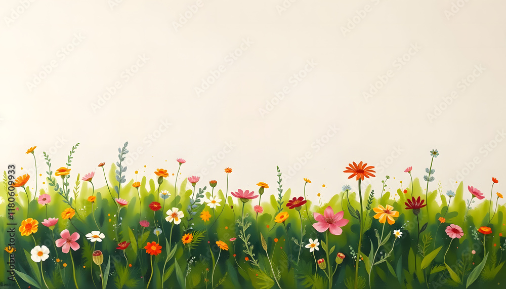 custom made wallpaper toronto digitalVibrant Wildflower Field Painting Illustration Background. Green, Pink, Red, Yellow, Orange Flowers. Spring and Summer Nature Floral Garden Blooms