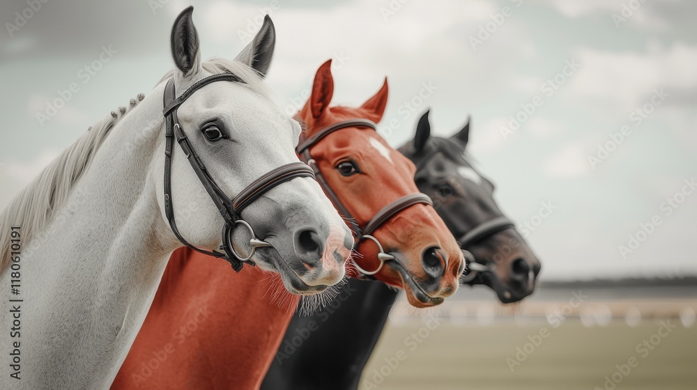 Fototapeta premium Majestic horses in a row equestrian center animal photography outdoor side view equine beauty