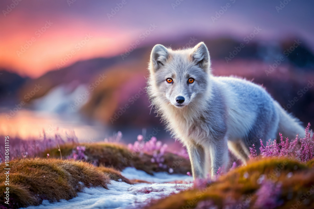 lone arctic fox stands gracefully amidst vibrant purple flowers, showcasing its stunning fur lone arctic fox stands gracefully amidst vibrant purple flowers, showcasing its stunning fur