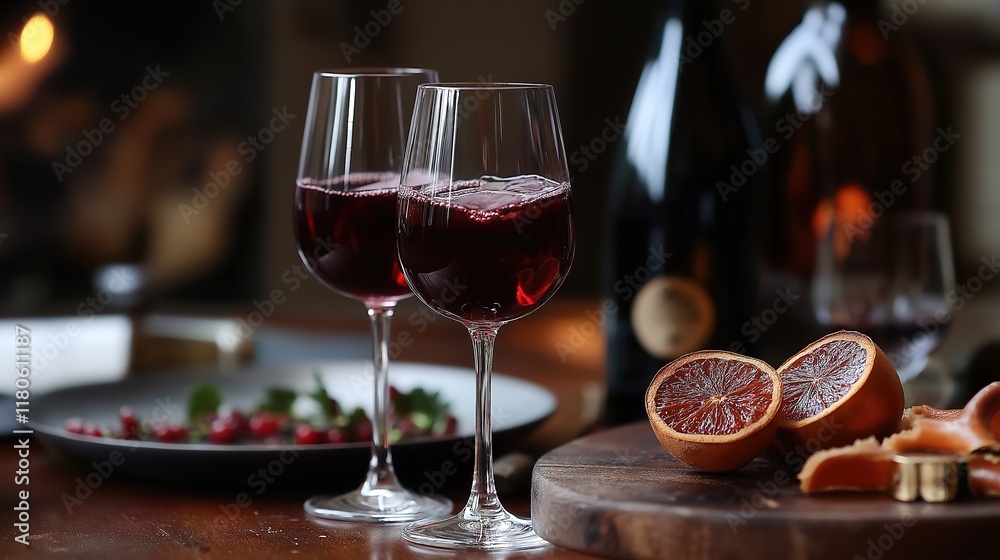 Elegant red wine and blood oranges on a wooden table setting Elegant red wine and blood oranges on a wooden table setting