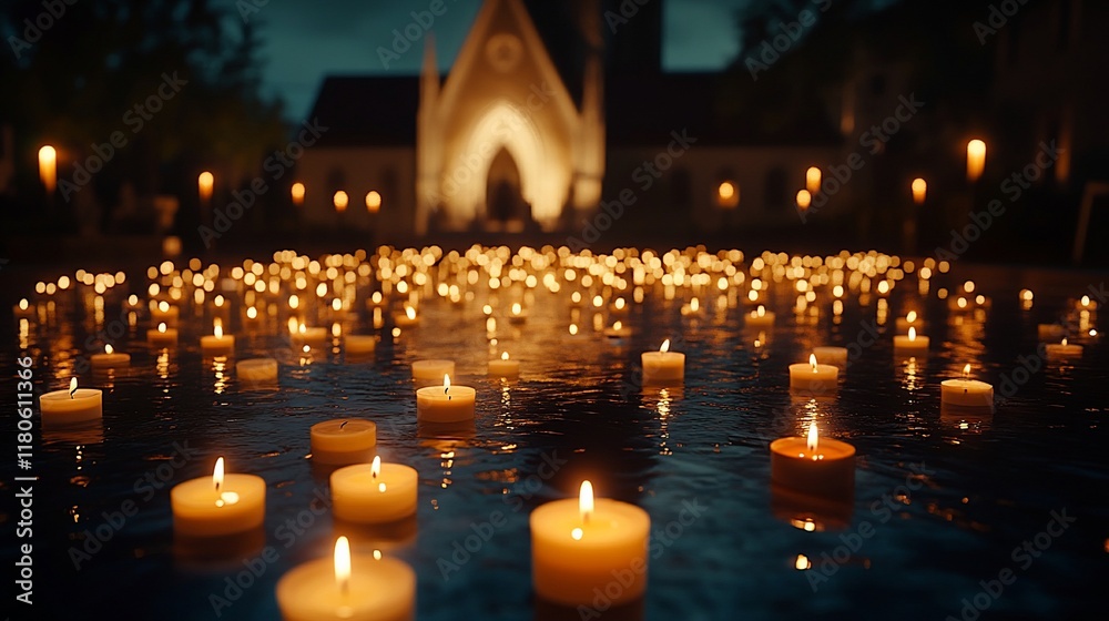 Candles floating on water reflecting church at night