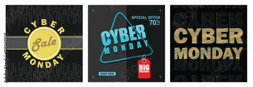 Cyber Monday promotional designs with circuit patterns and discount highlights.