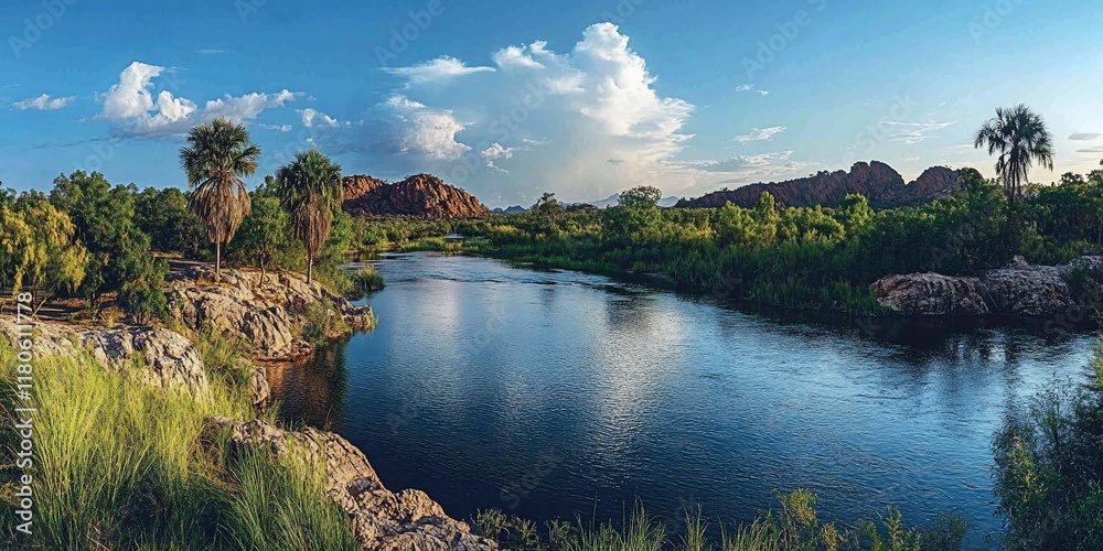 Fototapeta premium Calm river flows past lush vegetation, red rocks in background, sunset. Nature scene
