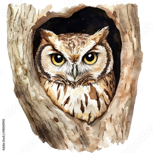 A watercolor painting of an owl roosting in a hollow tree, isolated on a white background. Owl vector.
 photo