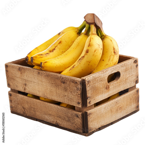 Crate of fresh ripe bananas arranged neatly in a wooden box isolated on transparent background. photo