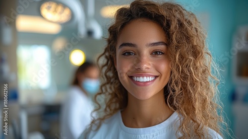 Smiling Woman with Curly Hair in Dental Office Environment