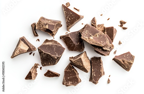Broken pieces of dark chocolate isolated on white background.