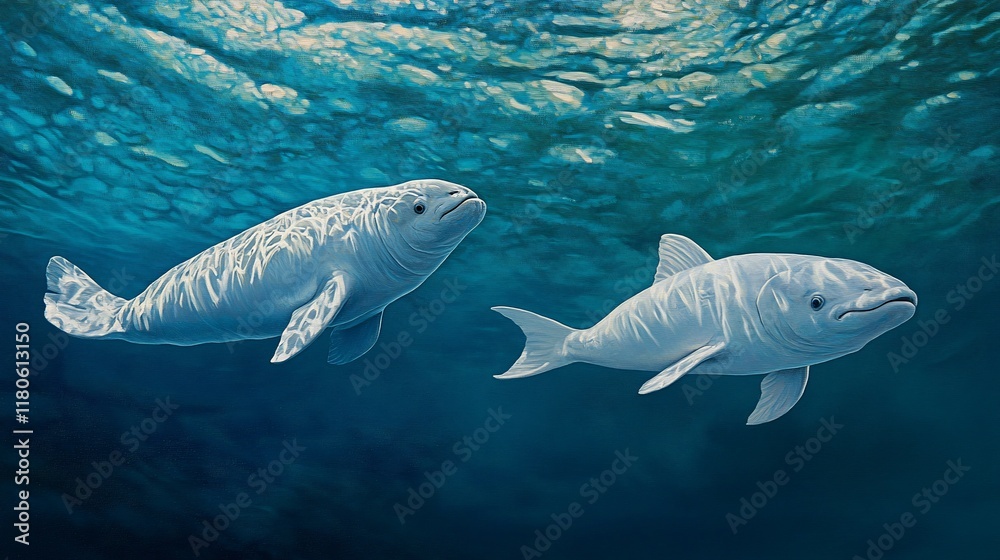 Fototapeta premium Two white whales swimming underwater.