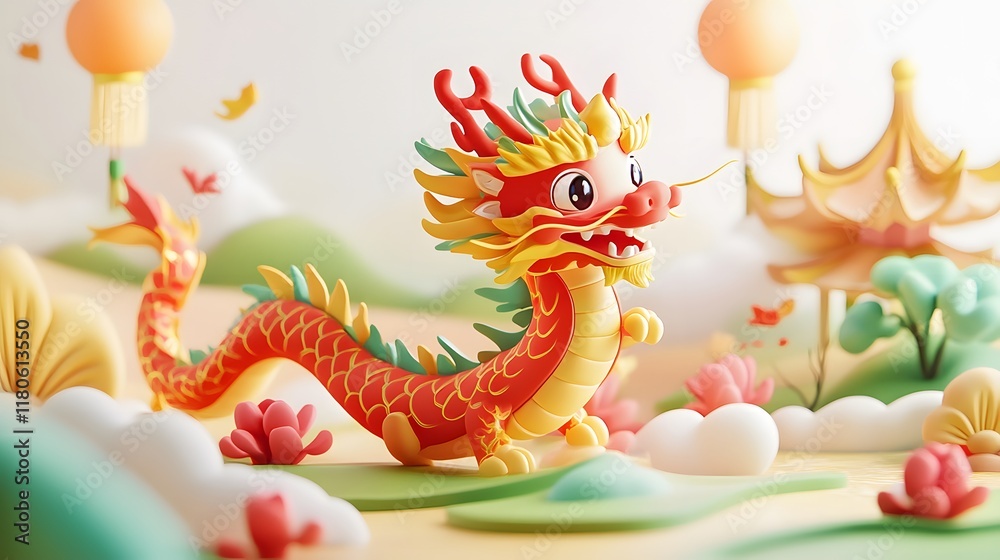 Obraz premium Adorable Cartoon Dragon in a Whimsical Landscape