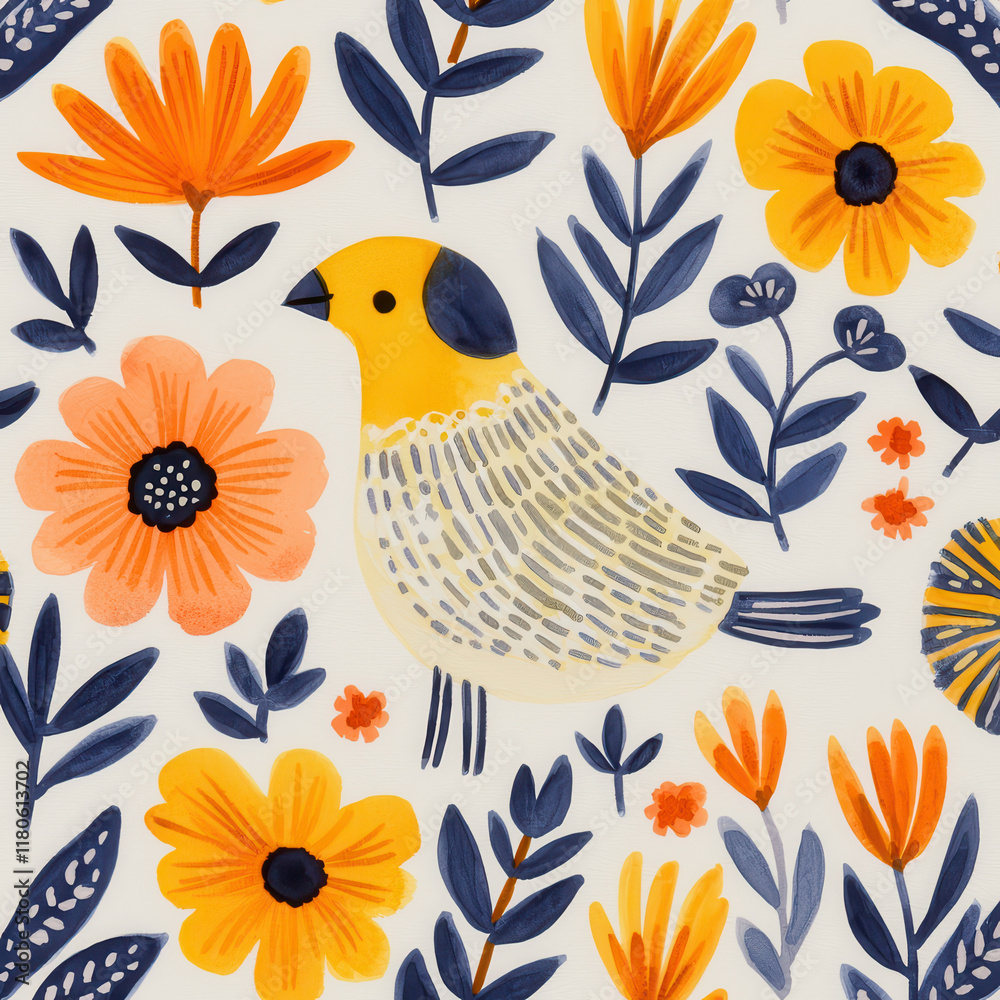 Obraz premium Colorful bird among vibrant flowers and leaves, cheerful design