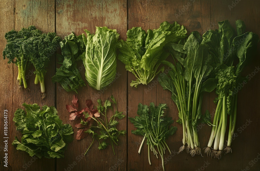 A Vibrant Selection of Fresh Leafy Greens Displayed on a Rustic Wooden Surface, Celebrating the Variety of Nature's Produce for Healthy Living and Nutrition A Vibrant Selection of Fresh Leafy Greens Displayed on a Rustic Wooden Surface, Celebrating the Variety of Nature's Produce for Healthy Living and Nutrition