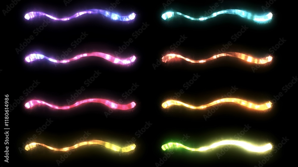Fototapeta premium Eight Colorful Glowing Wavy Light Trails On Black