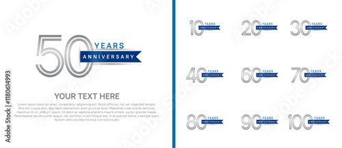 logo anniversary set. silver color with blue ribbon on white background for special event