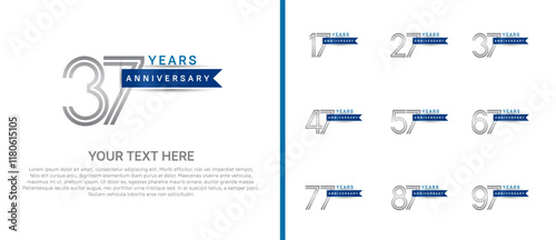 logo anniversary set. silver color with blue ribbon on white background for special event