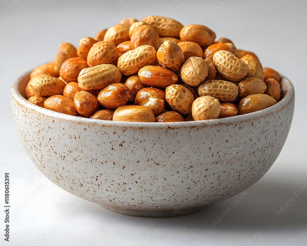 Bowl of Golden Roasted Peanuts on Bright White Surface with Minimalist Design Bowl of Golden Roasted Peanuts on Bright White Surface with Minimalist Design