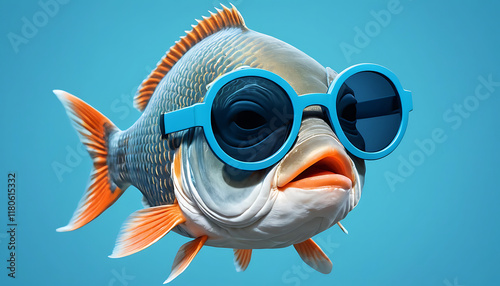 a fish wearing sunglasses and a pair of sunglasses on its face is shown in this image, it looks like a fish with a pair of sunglasses on its head and a blue background,., generative ai photo