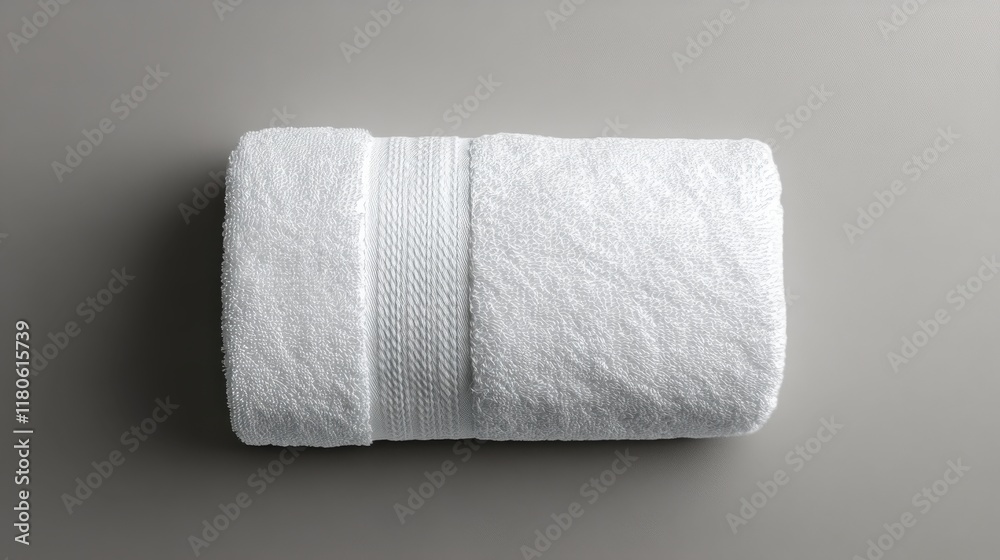 Fototapeta premium Soft, white rolled hand towel on gray. Perfect for hotel, spa, or bathroom themes.