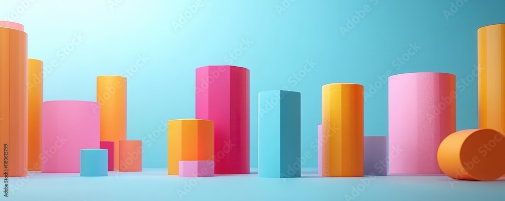 A colorful arrangement of cylindrical shapes in various heights and sizes, set against a soft blue background, creating a vibrant and modern aesthetic. A colorful arrangement of cylindrical shapes in various heights and sizes, set against a soft blue background, creating a vibrant and modern aesthetic.