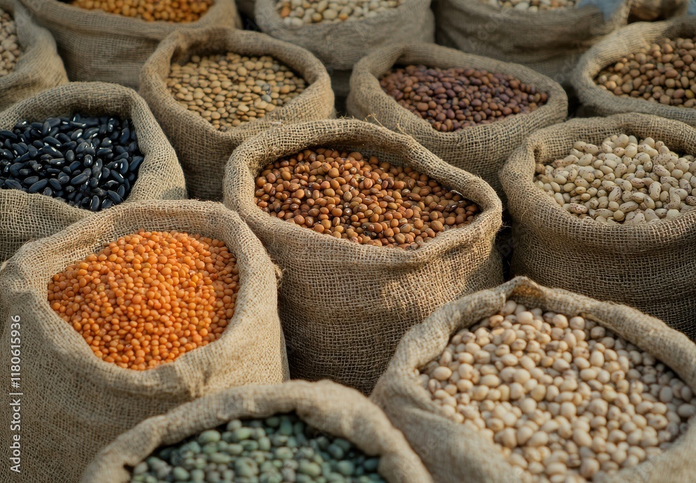 Assorted Legumes in Burlap Sacks at a Market Displaying Diverse Varieties of Pulses, Including Black Beans, Lentils, and Chickpeas for Culinary Inspirations Assorted Legumes in Burlap Sacks at a Market Displaying Diverse Varieties of Pulses, Including Black Beans, Lentils, and Chickpeas for Culinary Inspirations