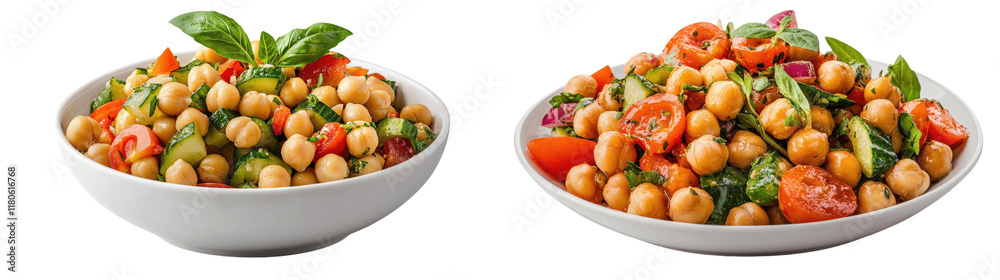 Fresh chickpea salad in two bowls with vibrant toppings. Fresh chickpea salad in two bowls with vibrant toppings.