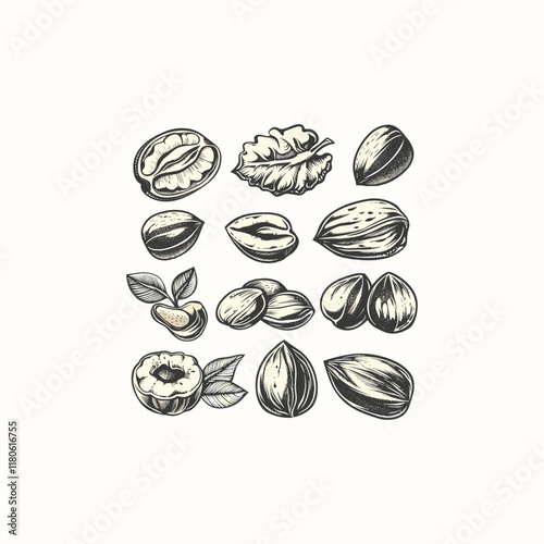 set of nuts hand drawn engraving design vector template illustration