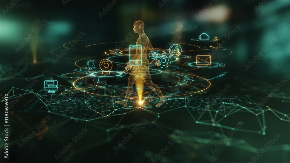Human hologram walking surrounded by internet of things icons
