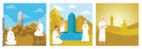 Illustrative scenes depicting pilgrimage practices in desert and sacred locations.