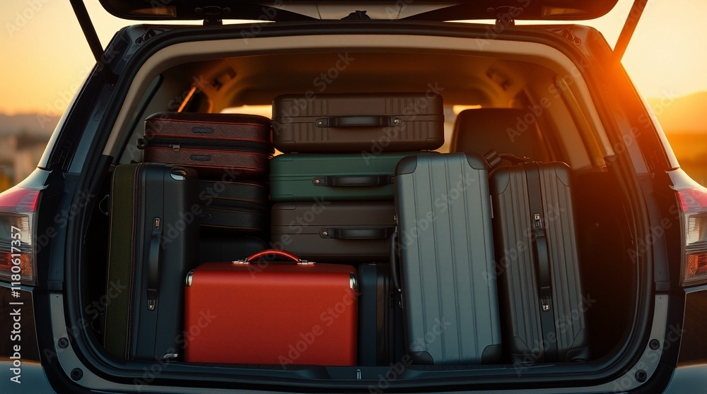 Packed car ready for a road trip! Suitcases and bags fill the trunk, adventure awaits! Packed car ready for a road trip! Suitcases and bags fill the trunk, adventure awaits!