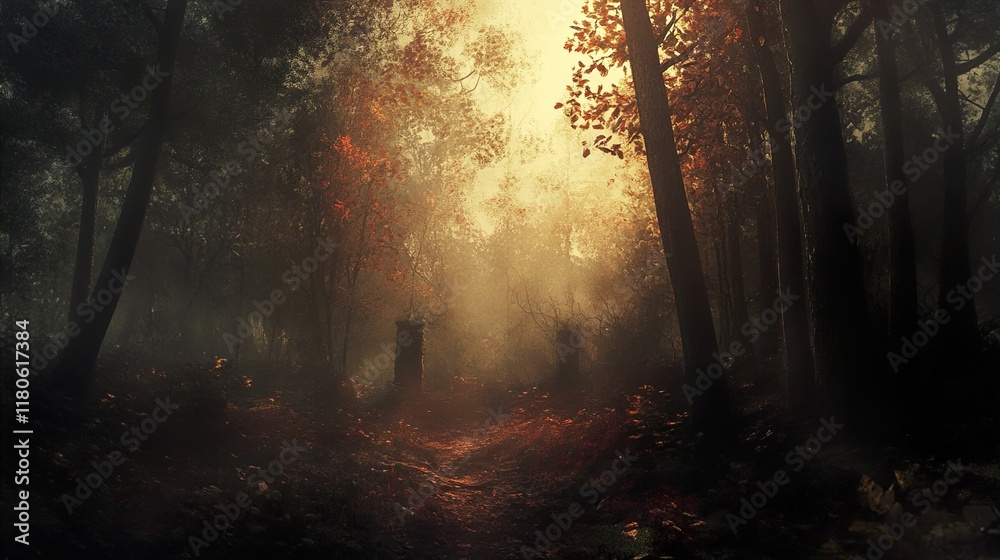 Obraz premium Sunlit Path in a Misty Autumn Forest