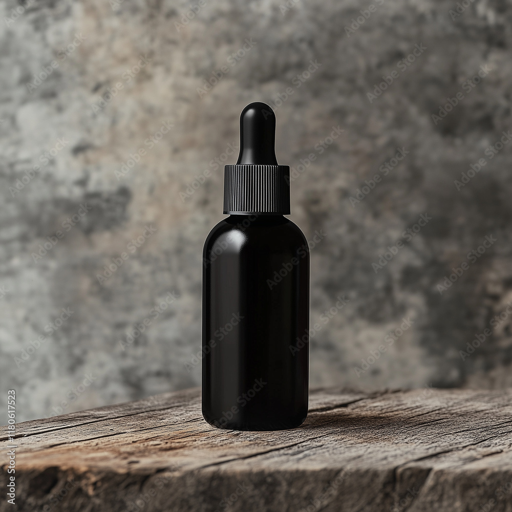 mockup black bottle of serum on wooden table isolated on rough cement wall background, Ai generated images mockup black bottle of serum on wooden table isolated on rough cement wall background, Ai generated images